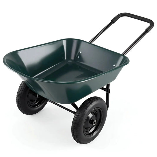 DirectDeals 2-tire wheelbarrow with green tub, black steel frame and handles on Tampa Home & Garden Store