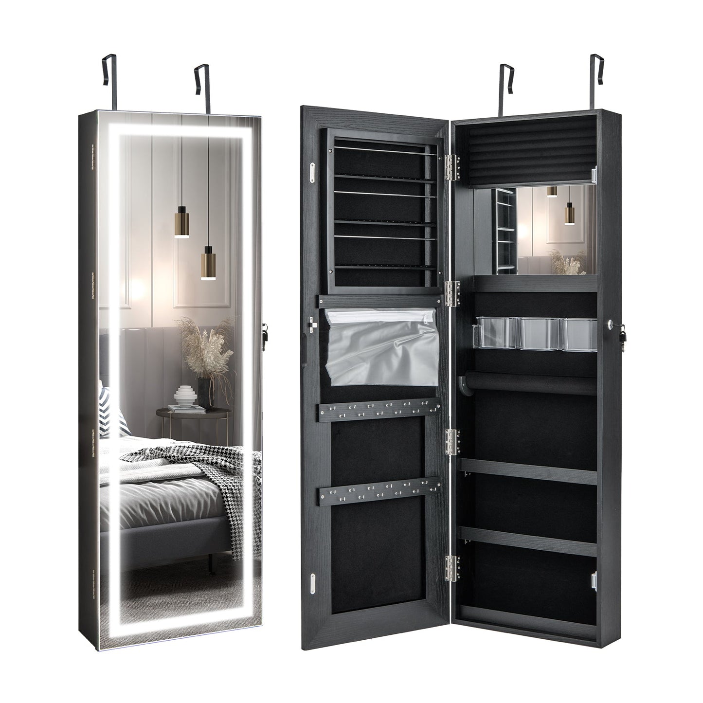 Alhajero con espejo, espejo de cuerpo entero y 2 luces LED internas - Negro