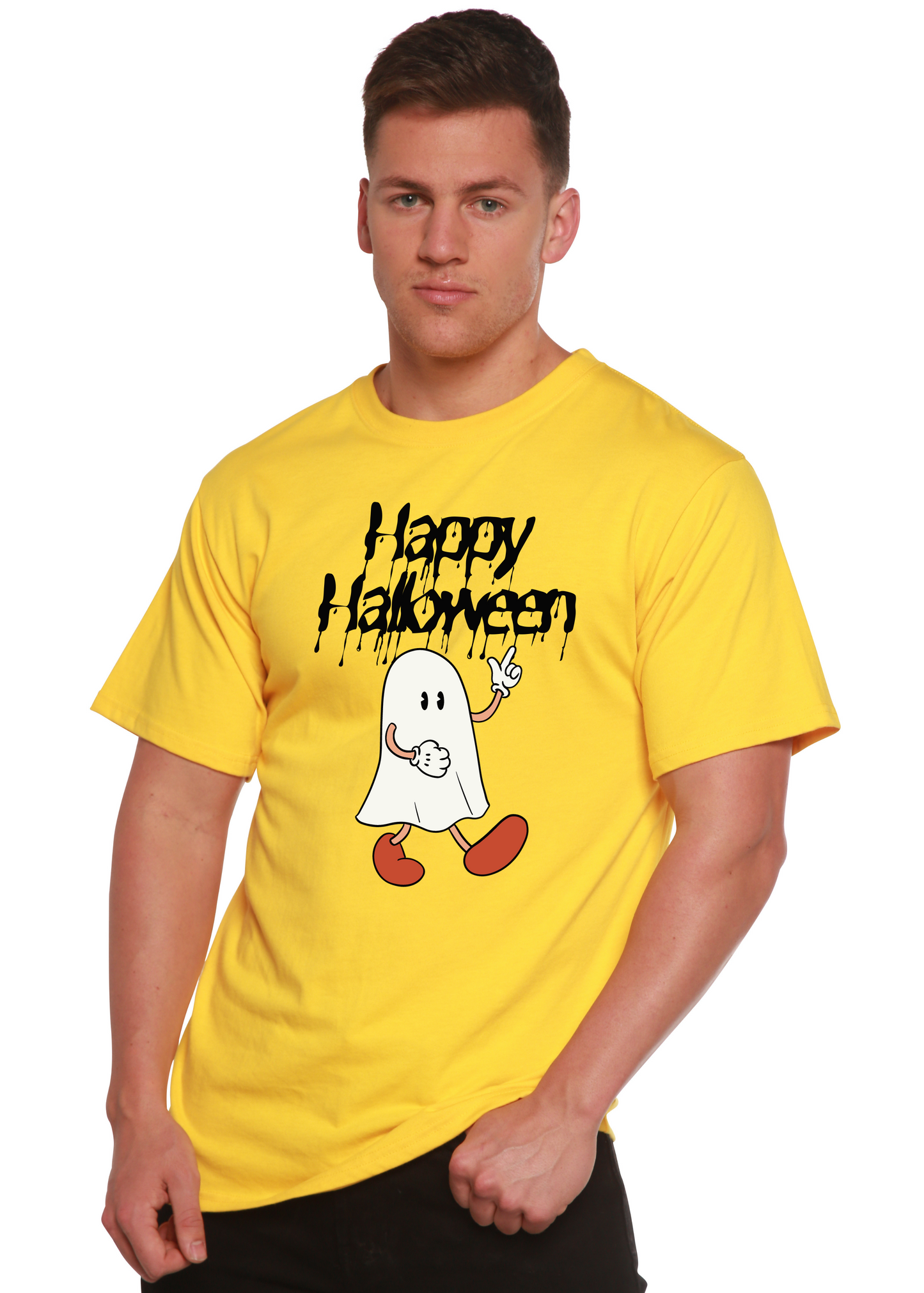 Men's Happy Halloween graphic T-shirt in yellow; bamboo viscose/organic cotton by Spun Bamboo on Tampa Home & Garden Store