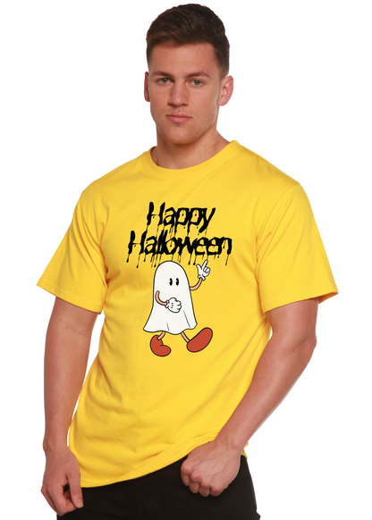 Men's Happy Halloween graphic T-shirt in yellow; bamboo viscose/organic cotton by Spun Bamboo on Tampa Home & Garden Store