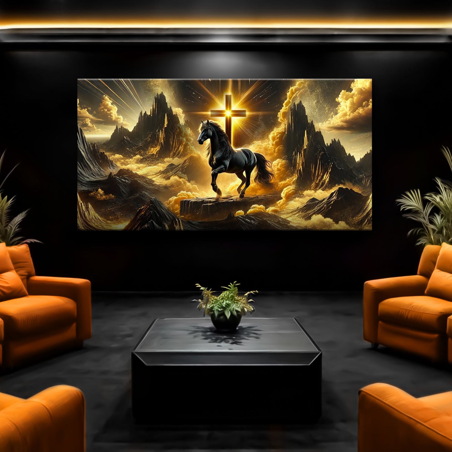 3D Horse Faith Wall Art canvas by Tailored Canvases, black horse with golden cross in mountains on Tampa Home & Garden Store