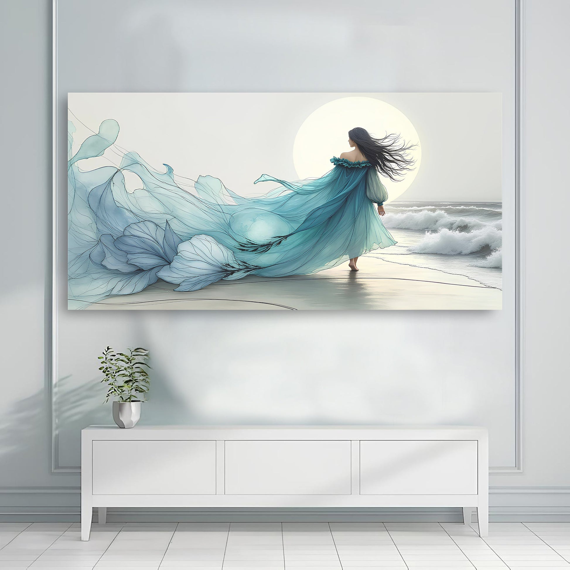 Swirling Winds by the Ocean abstract canvas art with a teal flowing dress on a sunlit beach on Tampa Home & Garden Store