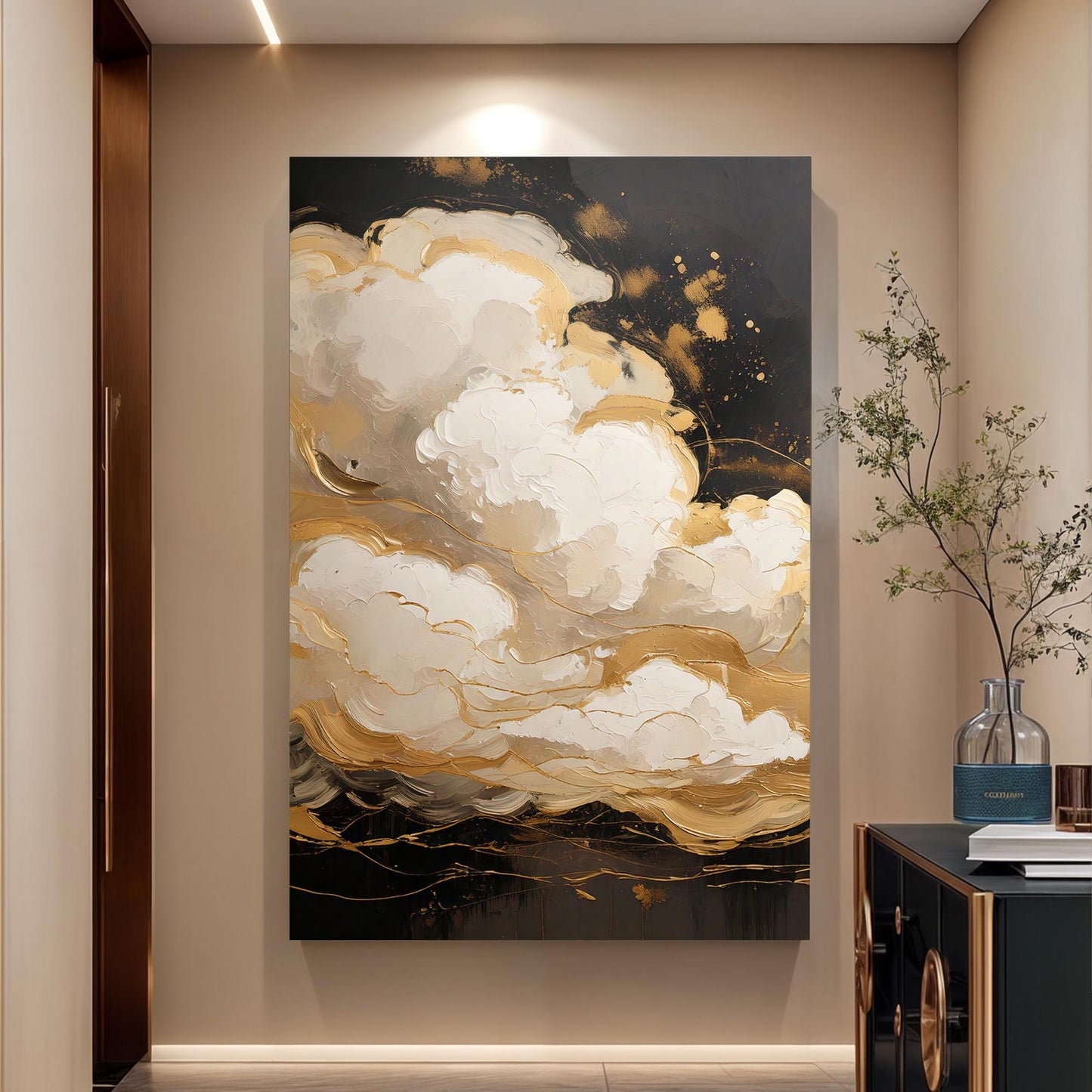 Auric Cloud Abstract Wall Art canvas by Tailored Canvases with black white gold swirls on Tampa Home & Garden Store