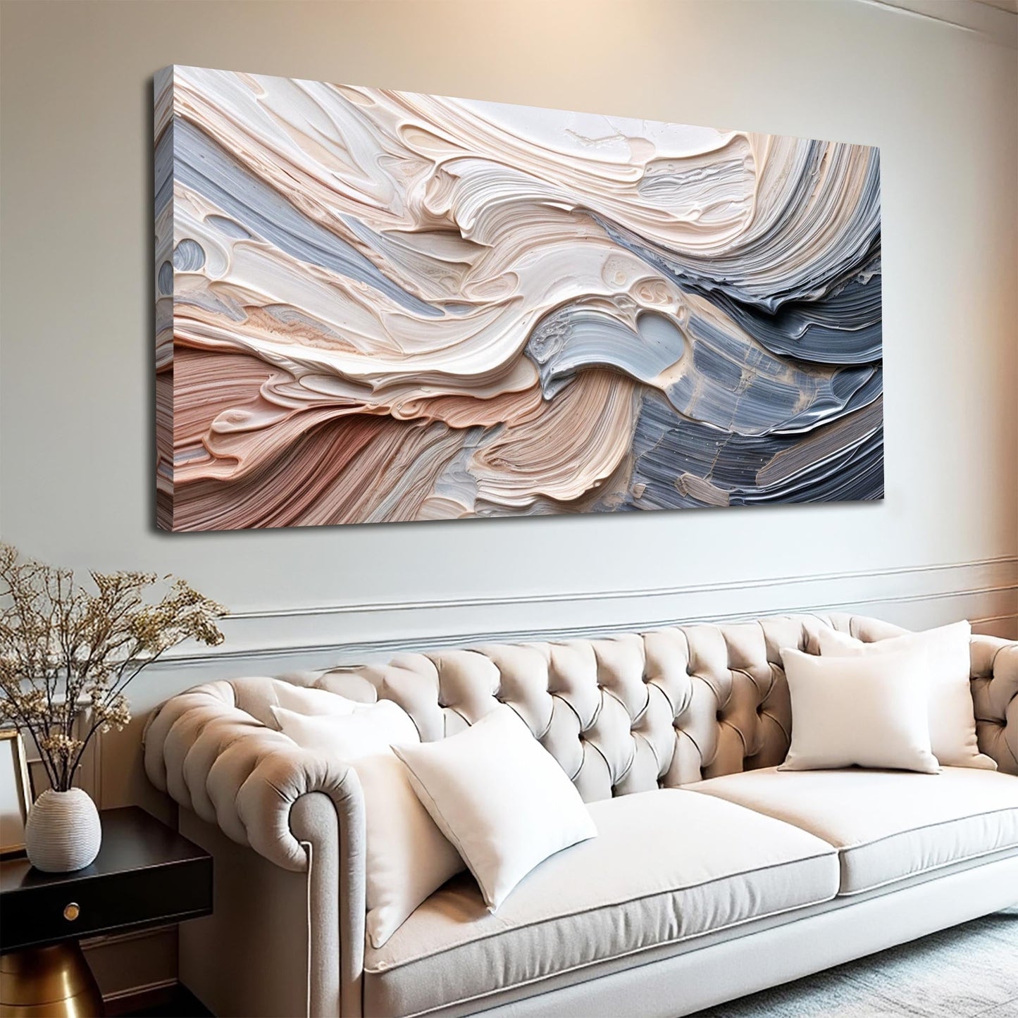 Rough Minimalist Wall Art canvas with cream peach and gray textured swirls on Tampa Home & Garden Store