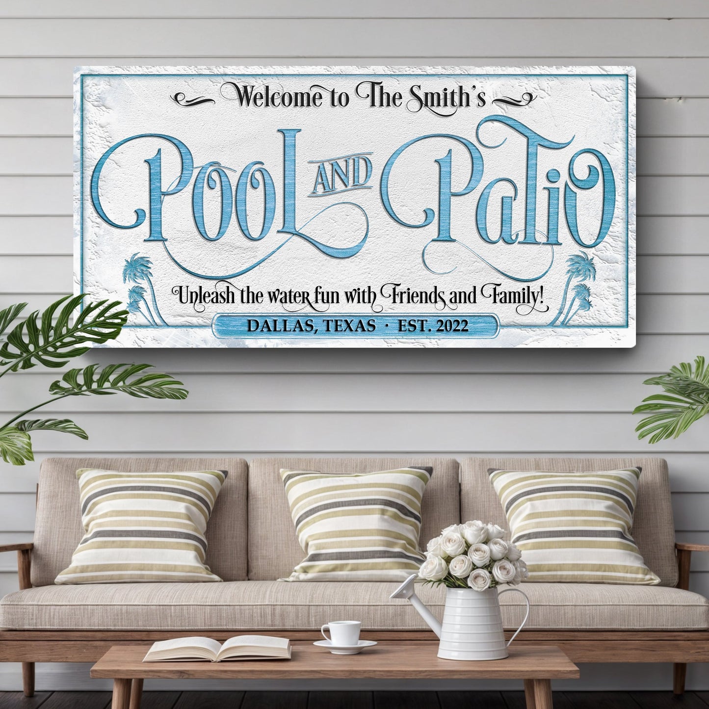 Personalized Pool & Patio Sign canvas with blue script on white background Tailored Canvases on Tampa Home & Garden Store