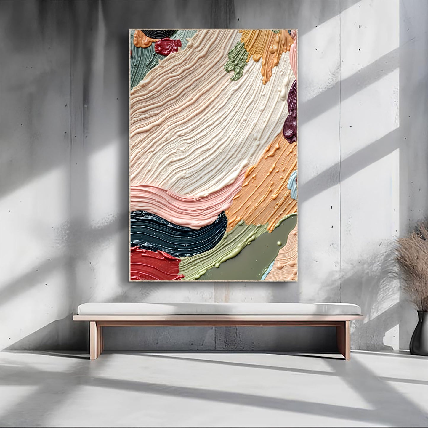 Colorful Abstract Wall Art canvas with thick swirl textures in cream, peach, and greens on Tampa Home & Garden Store