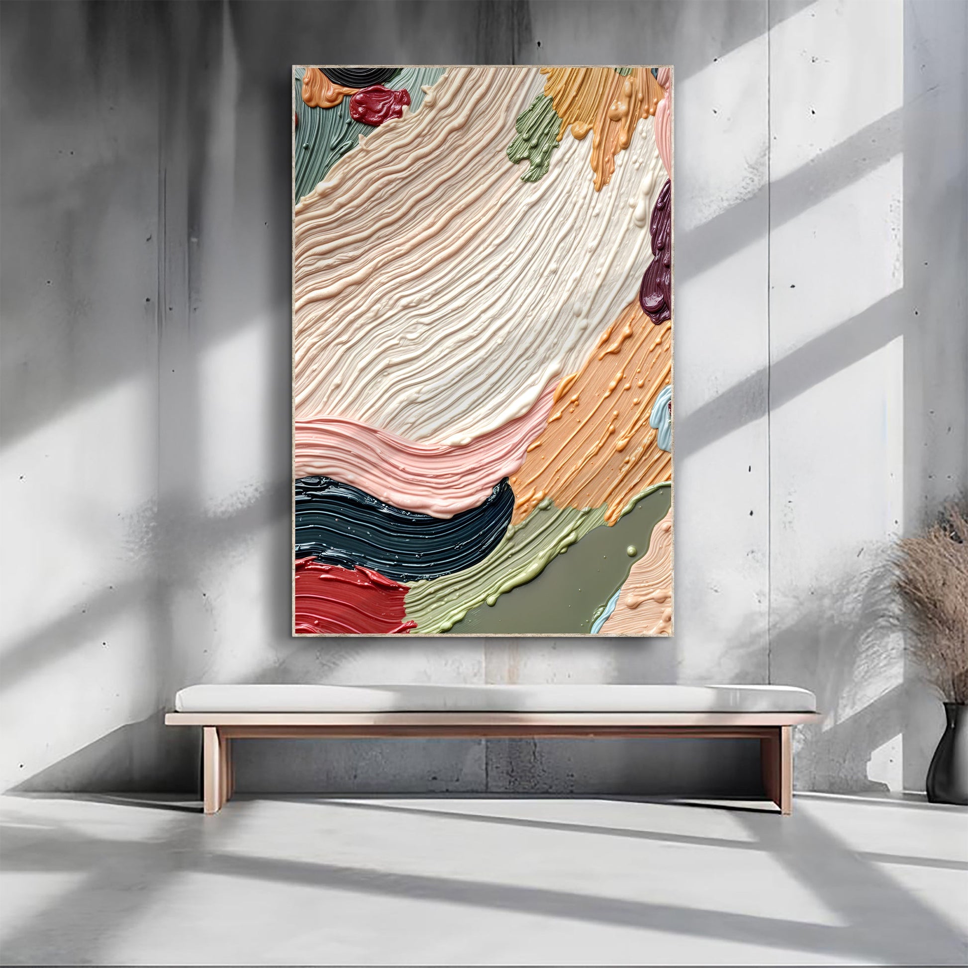 Colorful Abstract Wall Art canvas with thick swirl textures in cream, peach, and greens on Tampa Home & Garden Store