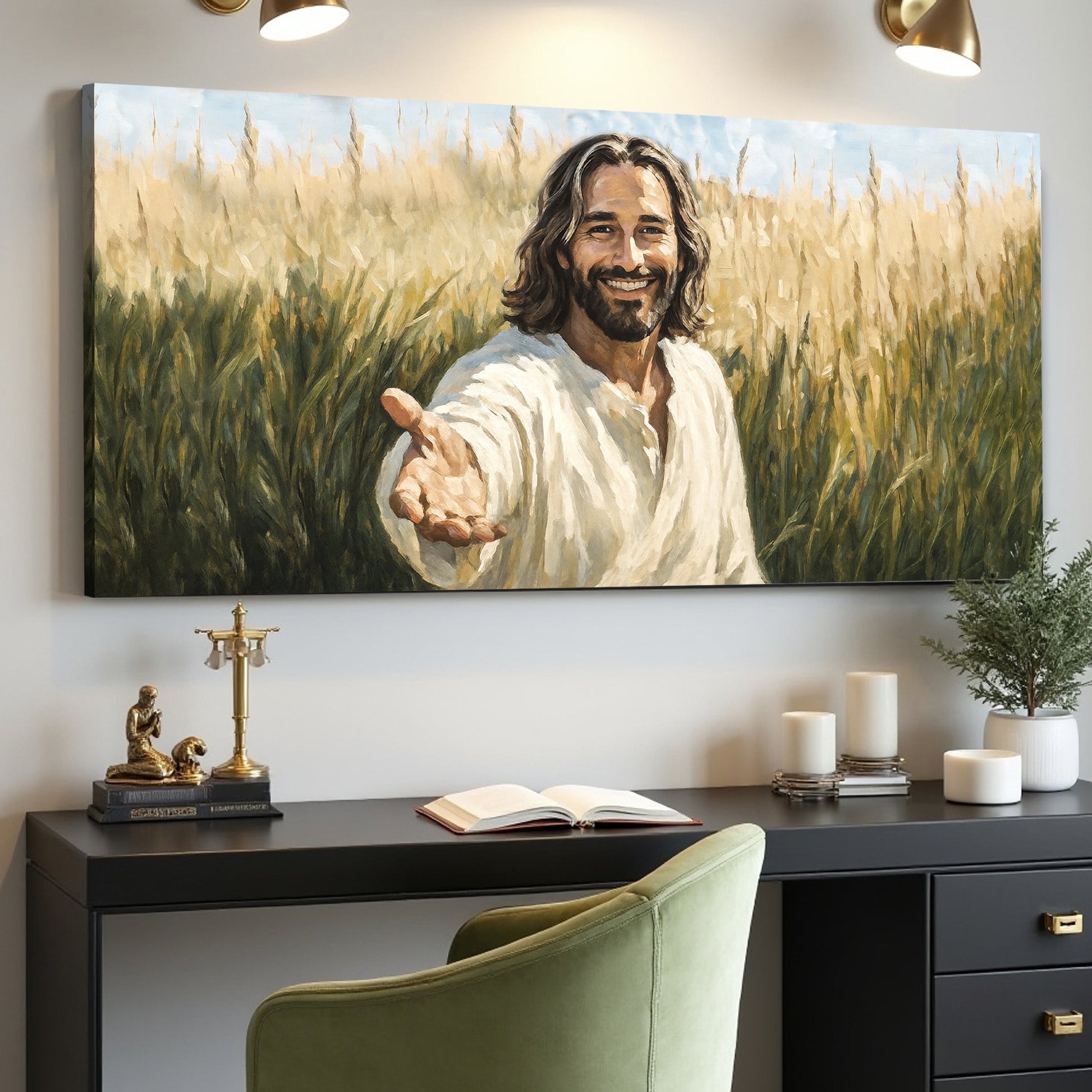 Savior's Invitation Faith Wall Art canvas by Tailored Canvases in a field scene on Tampa Home & Garden Store