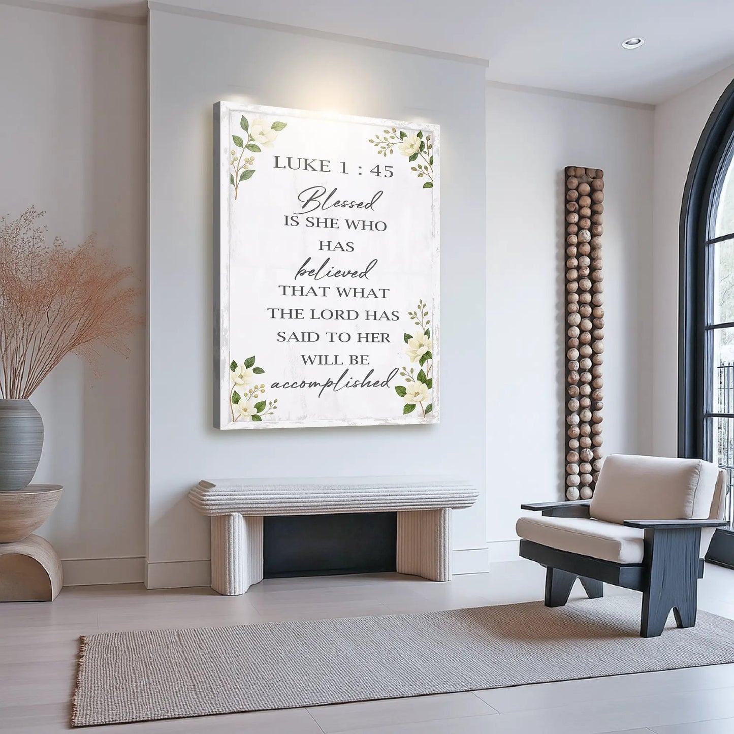 Canvas wall art Blessed Is She Believed Luke 1:45 white frame florals Tailored Canvases on Tampa Home & Garden Store