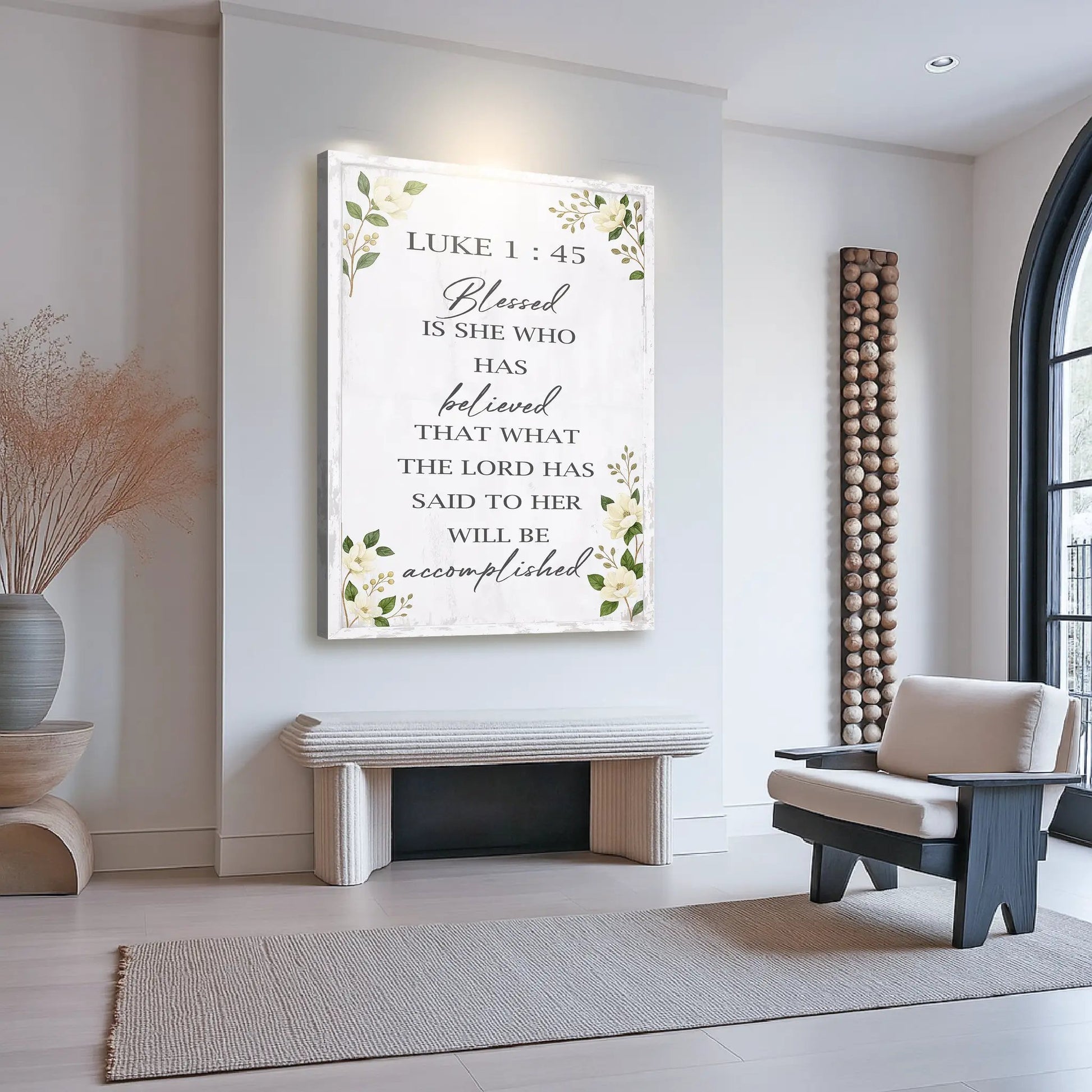 Canvas wall art Blessed Is She Believed Luke 1:45 white frame florals Tailored Canvases on Tampa Home & Garden Store