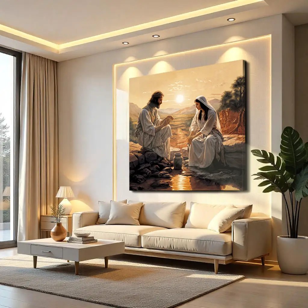 Samaritan at the Well Faith Wall Art III canvas by Tailored Canvases in a serene living room scene on Tampa Home & Garden Store
