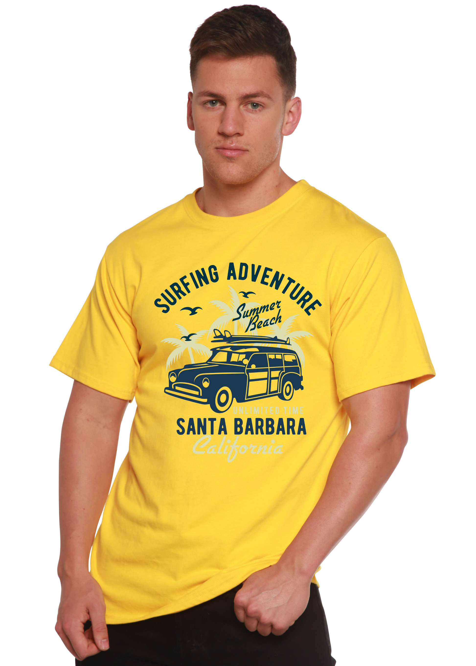 Surfing Adventure Spun Bamboo men's yellow short sleeve graphic tee with van print on Tampa Home & Garden Store
