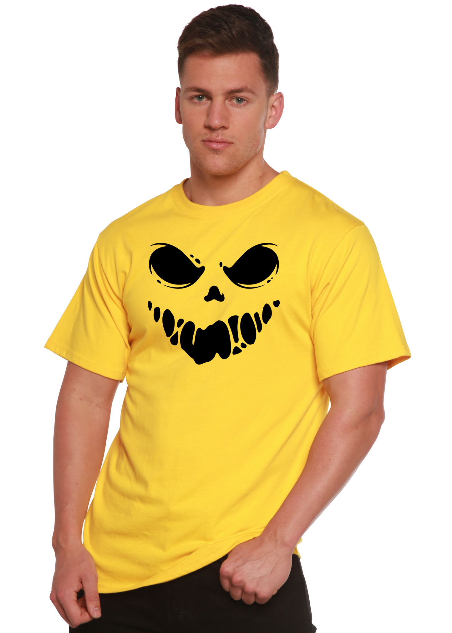 Yellow Halloween Boo men's graphic T-shirt with black skull, bamboo viscose/organic cotton on Tampa Home & Garden Store