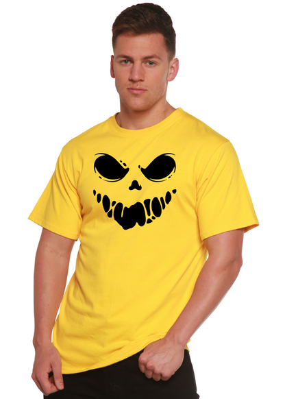 Yellow Halloween Boo men's graphic T-shirt with black skull, bamboo viscose/organic cotton on Tampa Home & Garden Store