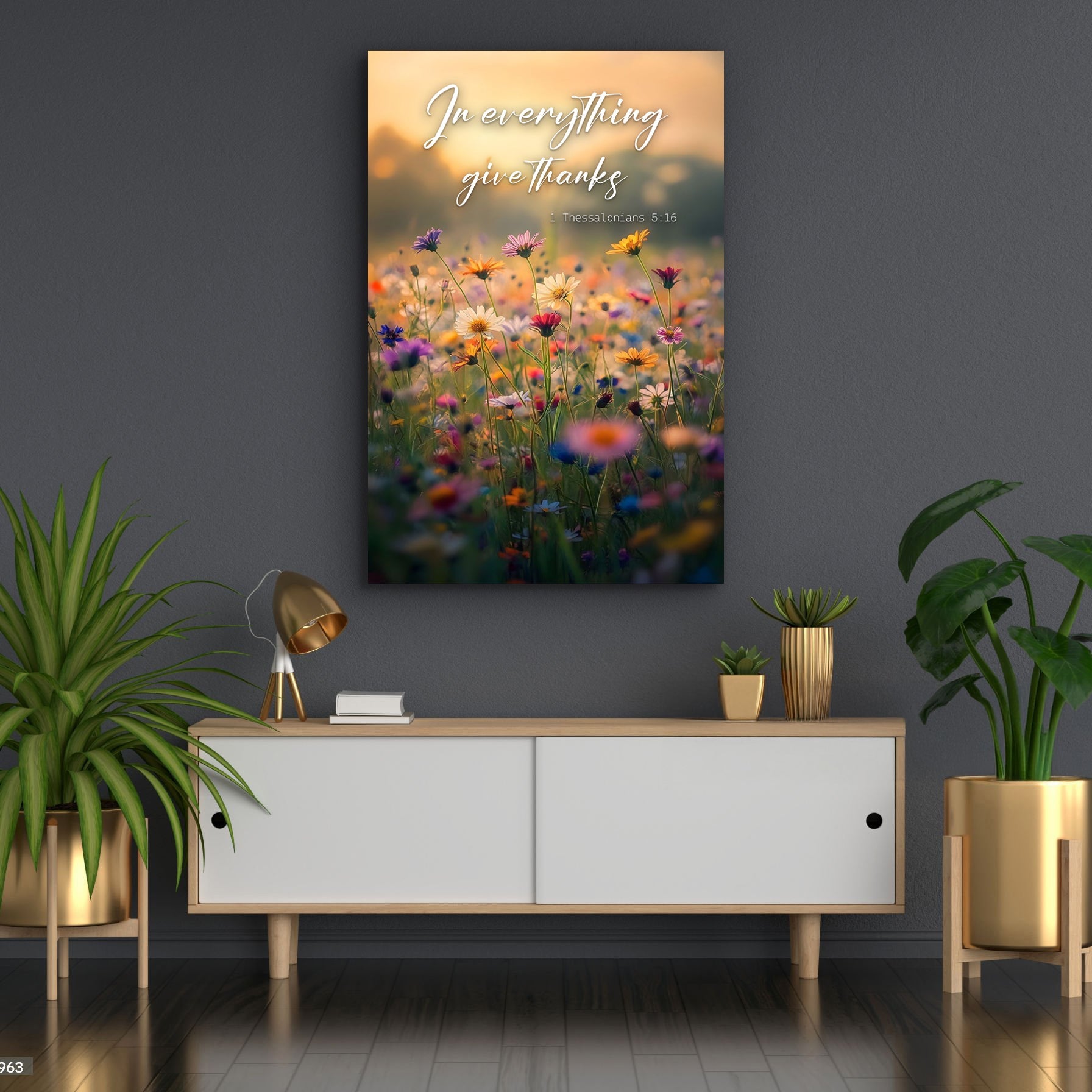 Canvas wall sign In Everything Give Thanks with a colorful wildflower field at sunset on Tampa Home & Garden Store