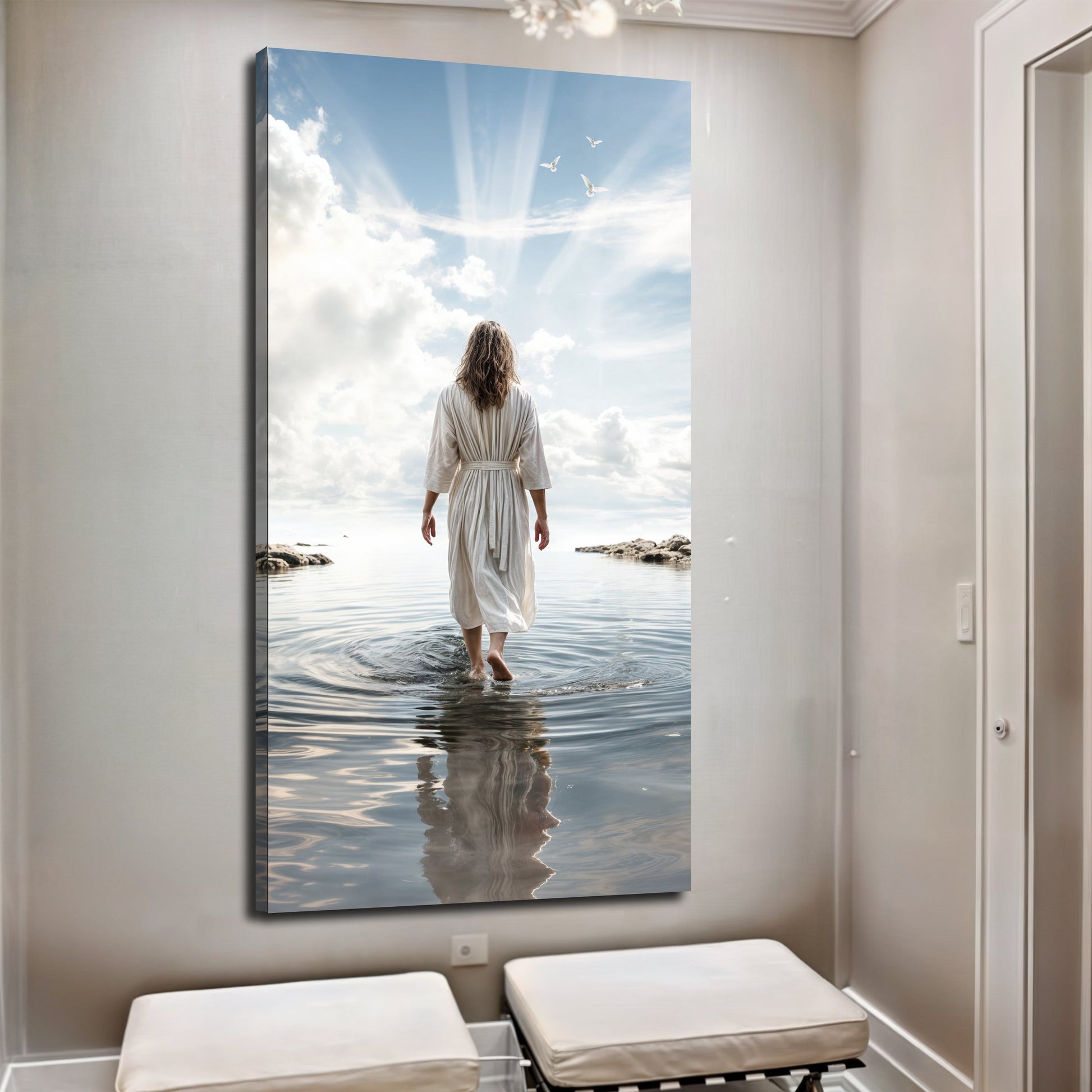 Reflections Faith Wall Art XVI canvas triptych Tailored Canvases, 3-panel woman in white by water on Tampa Home & Garden Store