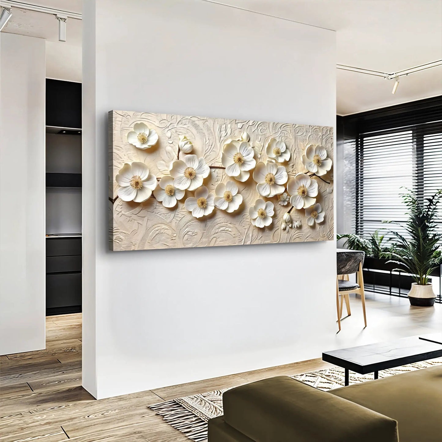 White Blossom Serenade Canvas wall art by Tailored Canvases; beige backdrop with blooms on Tampa Home & Garden Store