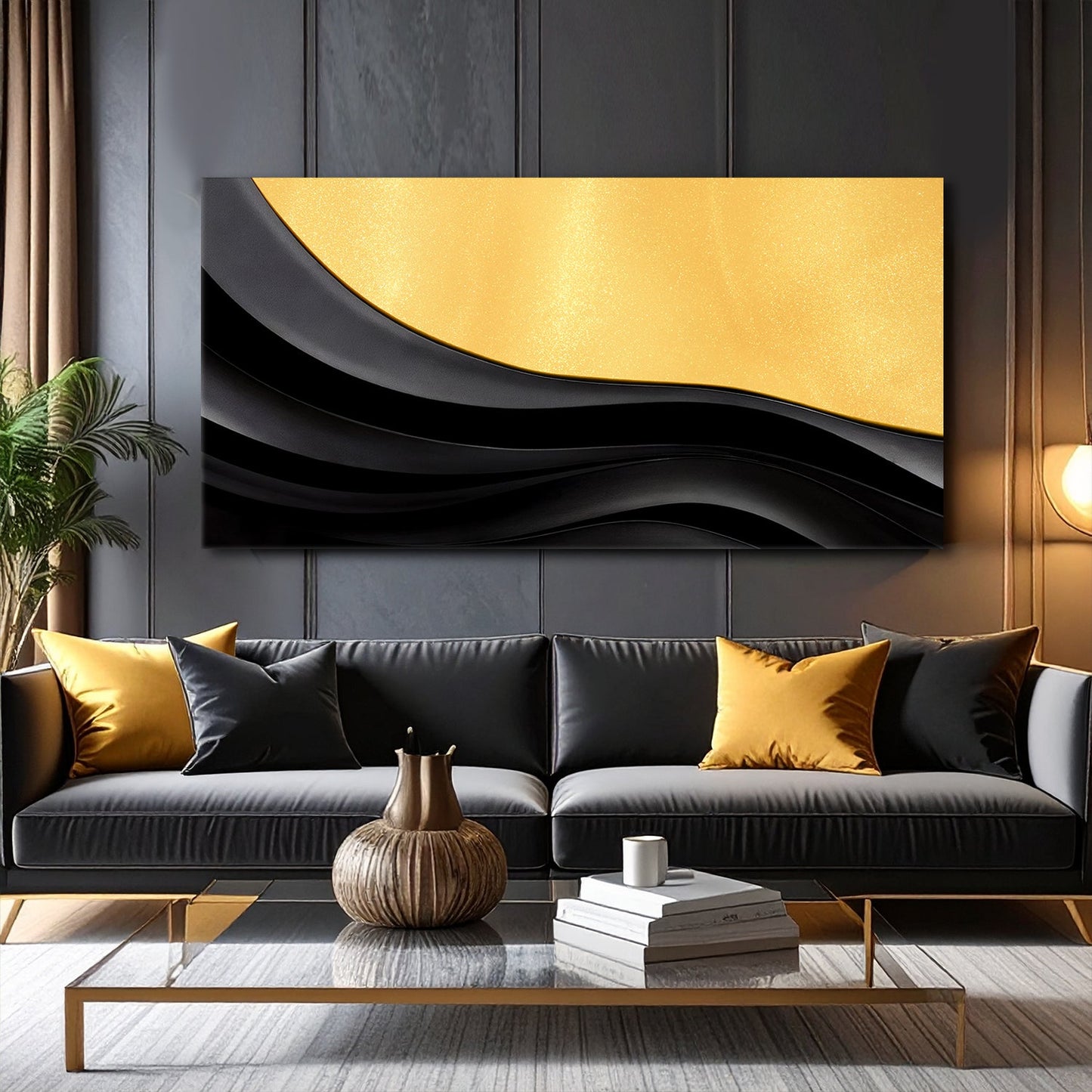 Black And Gold Minimalist Abstract VIII canvas by Tailored Canvases gold glow and black curves on Tampa Home & Garden Store