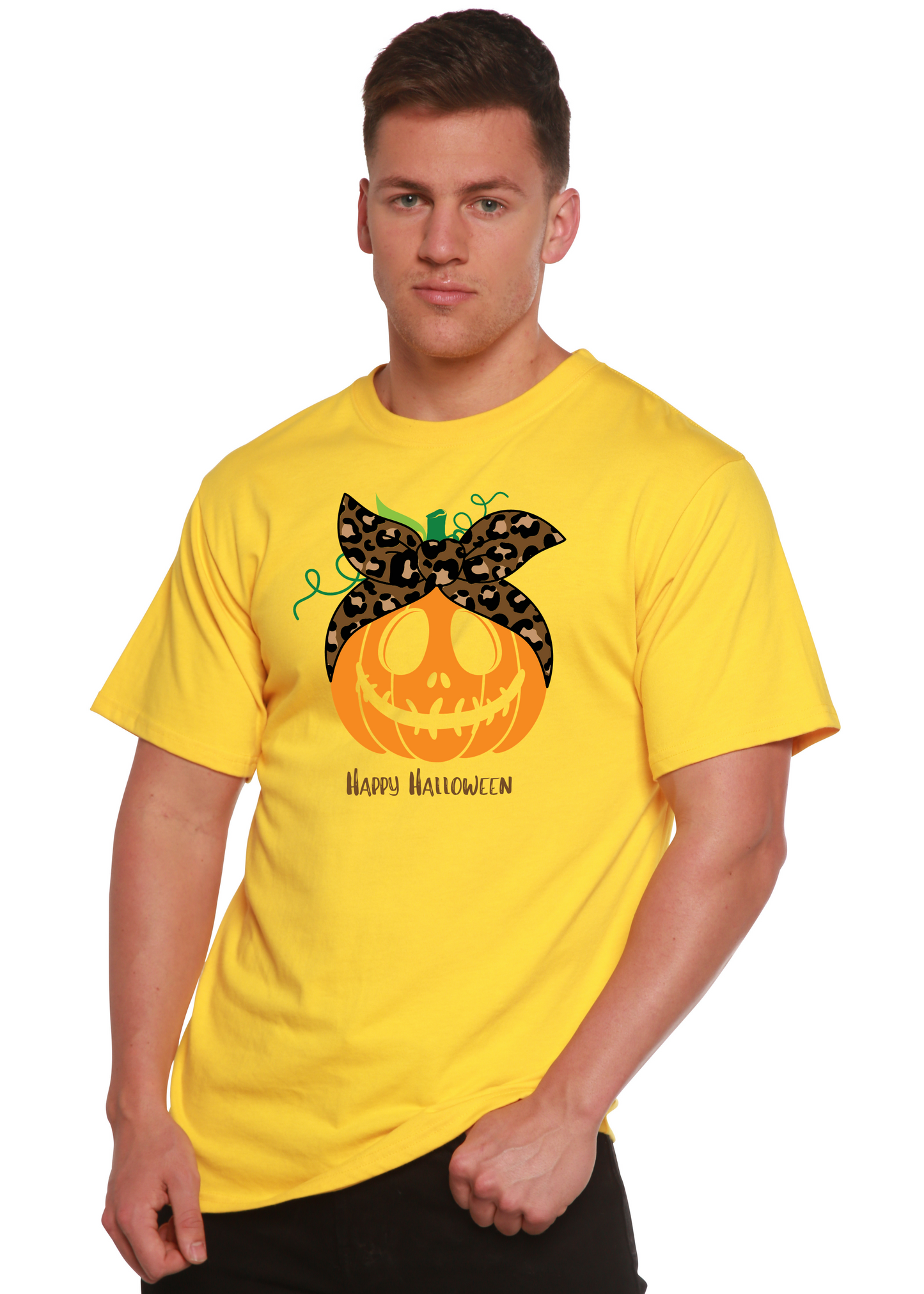 Happy Halloween men's bamboo viscose/organic cotton tee, yellow pumpkin bow print on Tampa Home & Garden Store