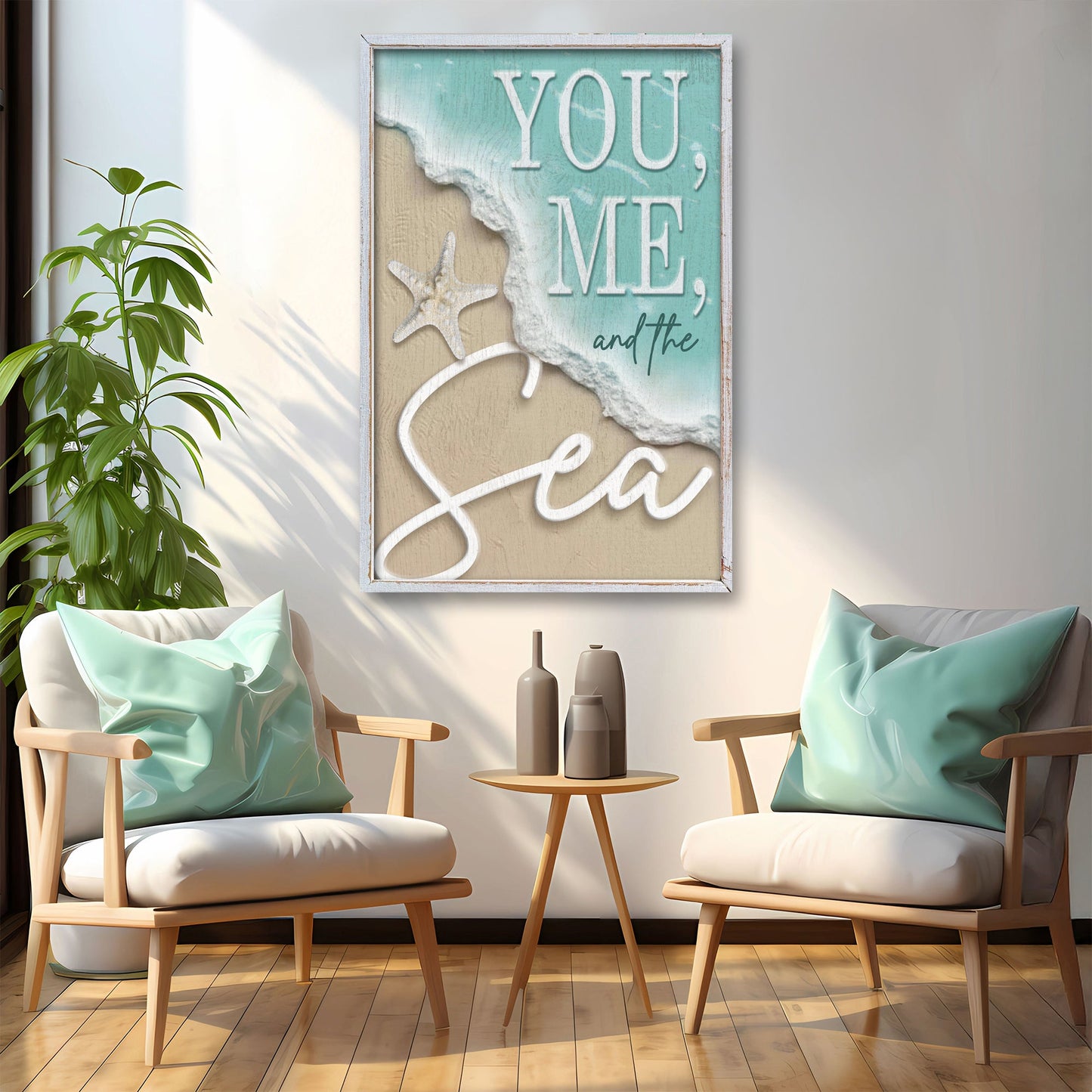 You Me and the Sea Coastal Sign VI canvas by Tailored Canvases; teal backdrop with seashell rope on Tampa Home & Garden Store