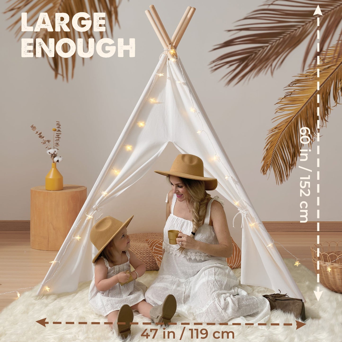 Tiny Land INC Teepee Tent for Kids with Floor Mat in white fabric with warm string lights on Tampa Home & Garden Store