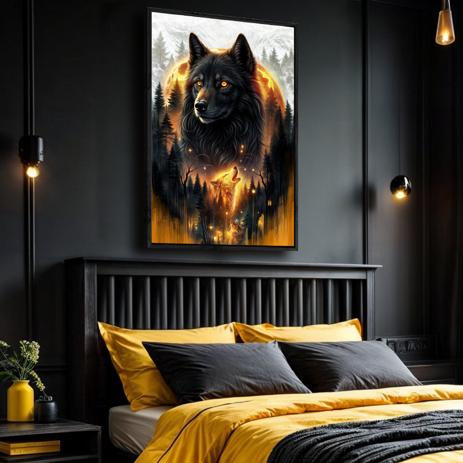 Eclipse of the Alpha Wolf Wall Art canvas framed in black; forest scene with orange eclipse on Tampa Home & Garden Store