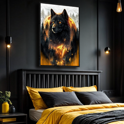 Eclipse of the Alpha Wolf Wall Art canvas framed in black; forest scene with orange eclipse on Tampa Home & Garden Store