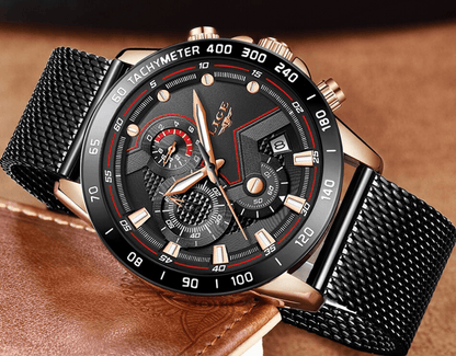 Men's sports waterproof watch with mesh bracelet, Stevvex, black dial on Tampa Home & Garden Store