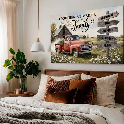 Personalized Family Old Truck Wall Art canvas with red vintage truck in daisy field and signpost on Tampa Home & Garden Store