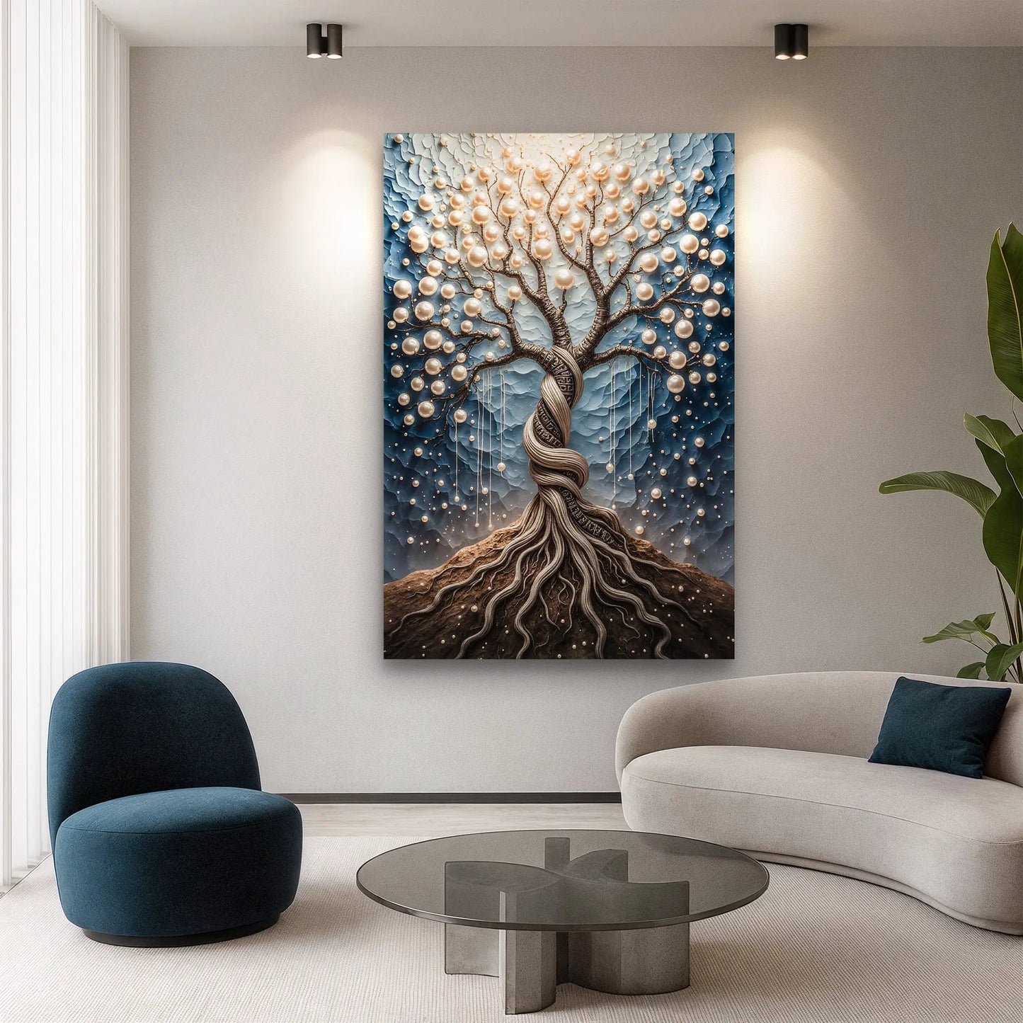 The Pearl Tree Wall Art canvas by Tailored Canvases with blue background and pearl spheres on Tampa Home & Garden Store