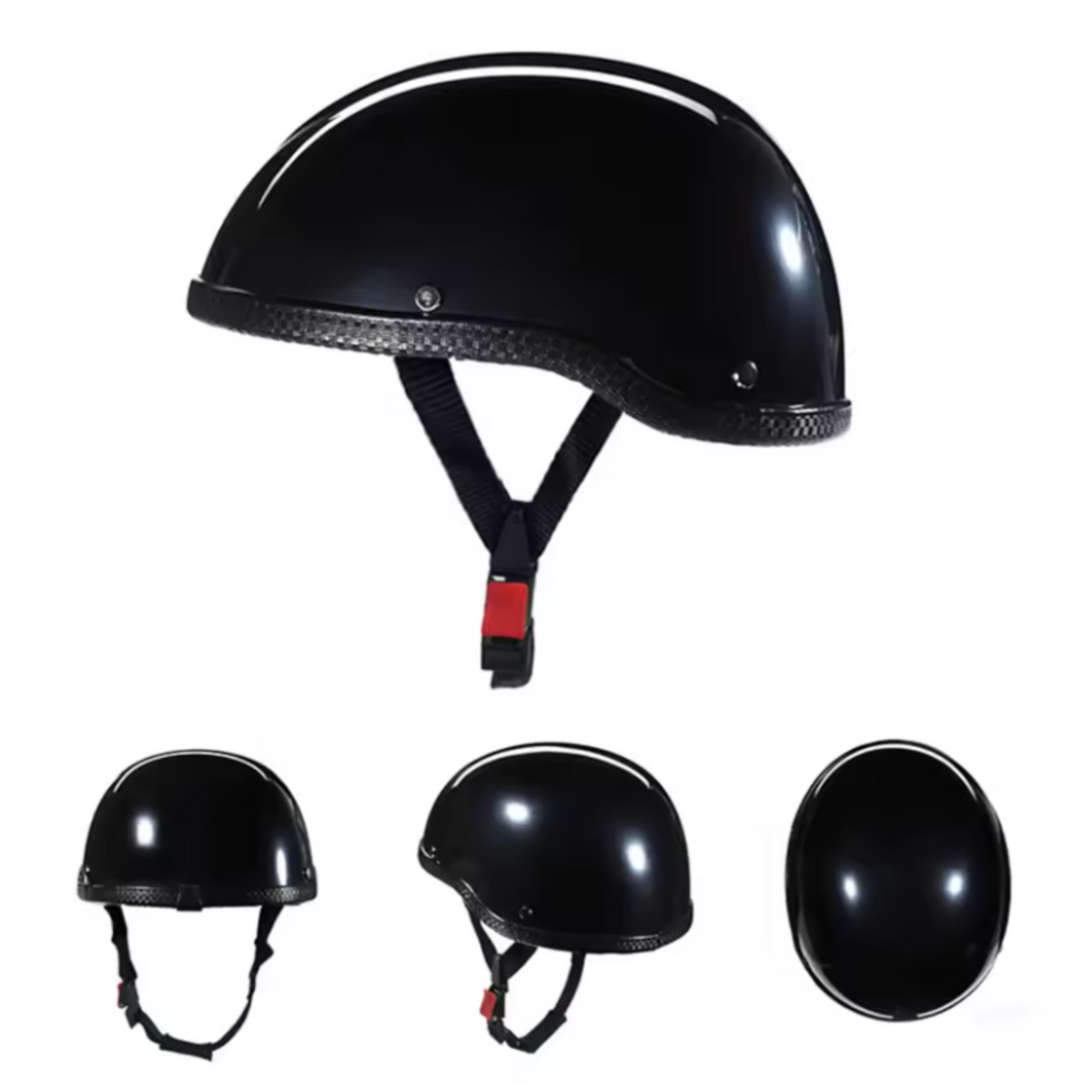 Vintage Half Helmet BikerZoneZ black glossy with white stripe chin strap on Tampa Garden on Tampa Home & Garden Store