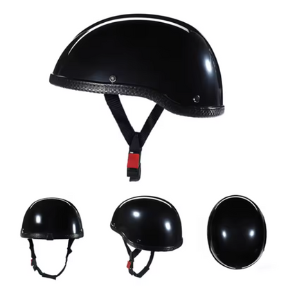 Vintage Half Helmet BikerZoneZ black glossy with white stripe chin strap on Tampa Garden on Tampa Home & Garden Store