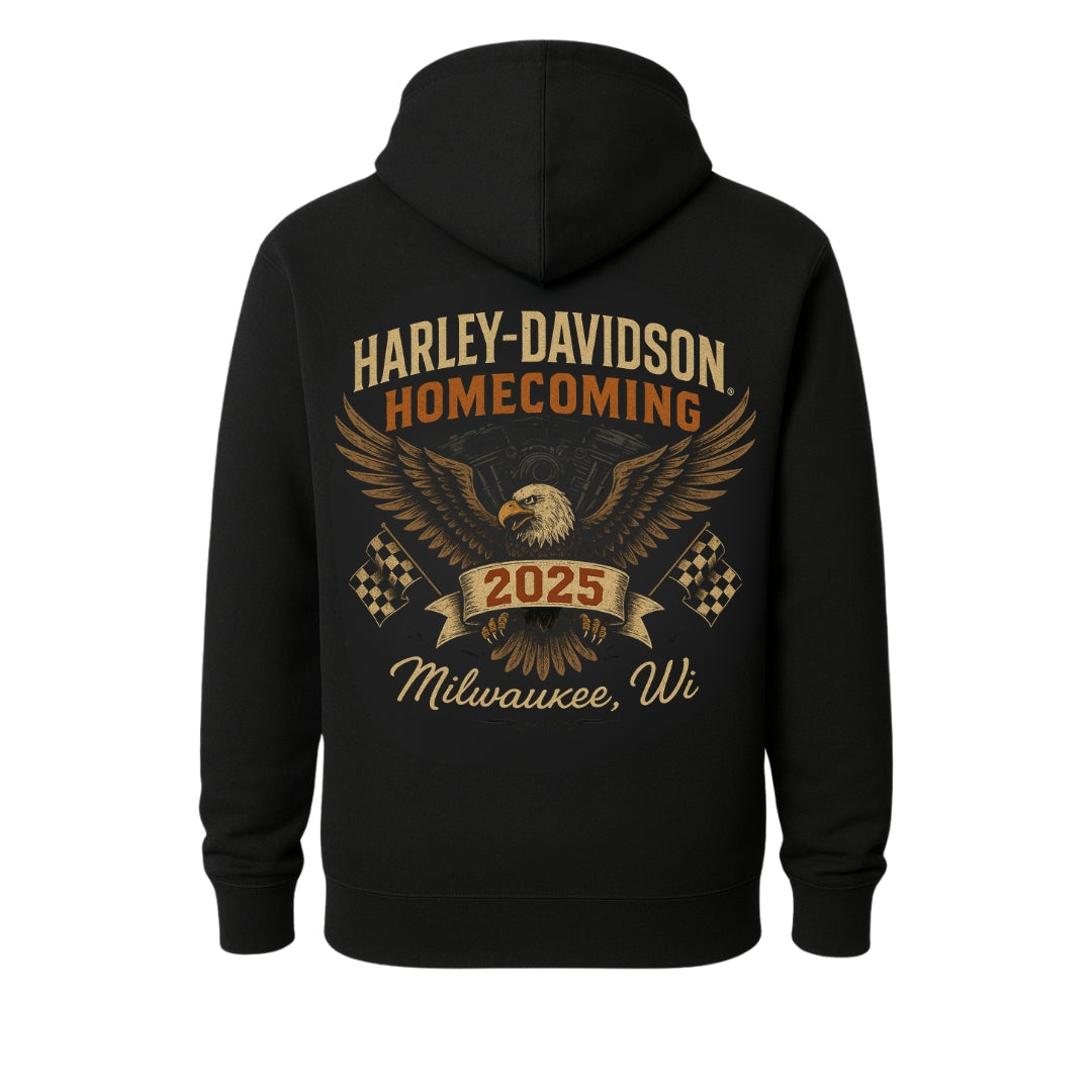 Black hoodie back with Harley-Davidson Homecoming 2025 eagle and flags by BikerZoneZ on Tampa Home & Garden Store