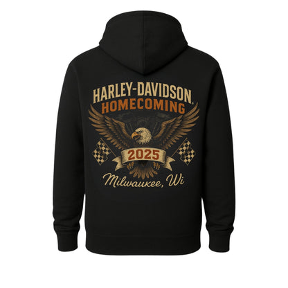 Black hoodie back with Harley-Davidson Homecoming 2025 eagle and flags by BikerZoneZ on Tampa Home & Garden Store