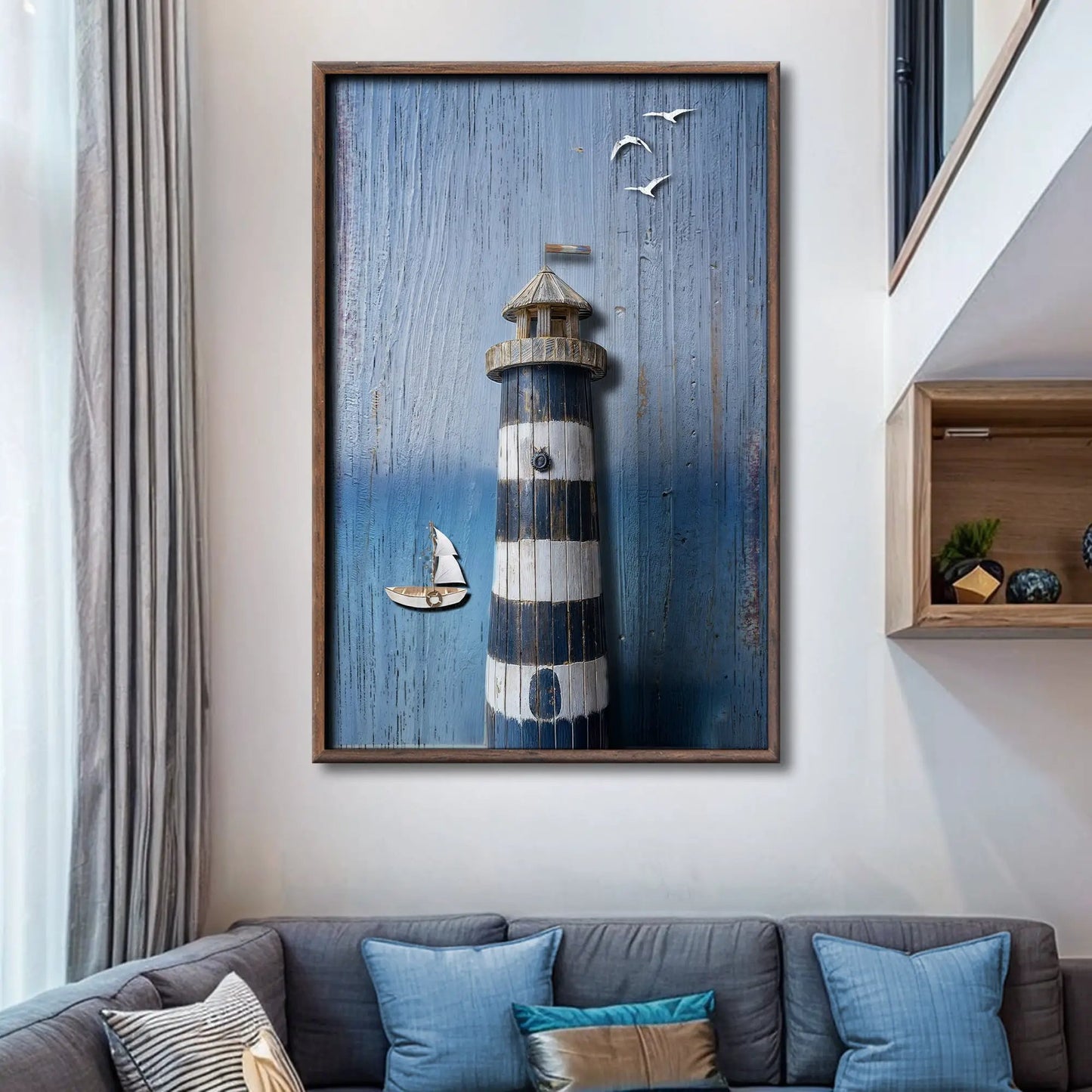 Wooden Lighthouse Canvas III on weathered blue wood with lighthouse and sailboat on Tampa Home & Garden Store
