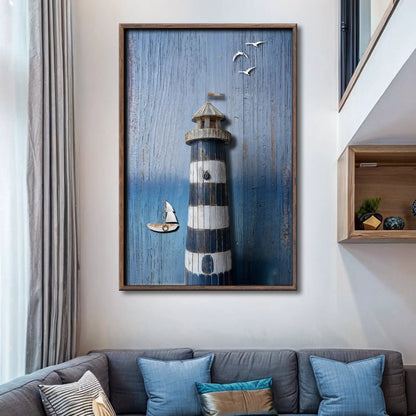 Wooden Lighthouse Canvas III on weathered blue wood with lighthouse and sailboat on Tampa Home & Garden Store