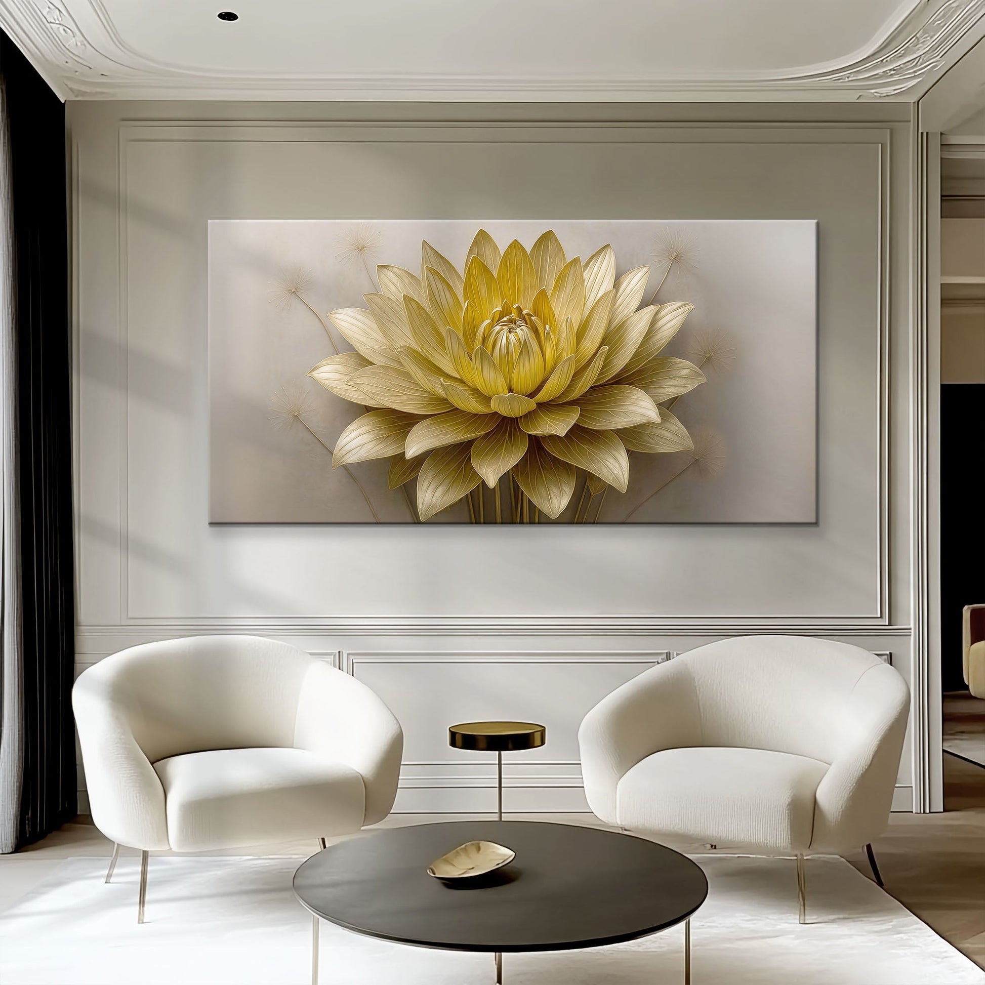 Golden Lotus Minimalist Abstract Wall Art III canvas by Tailored Canvases in gray-frame display on Tampa Home & Garden Store
