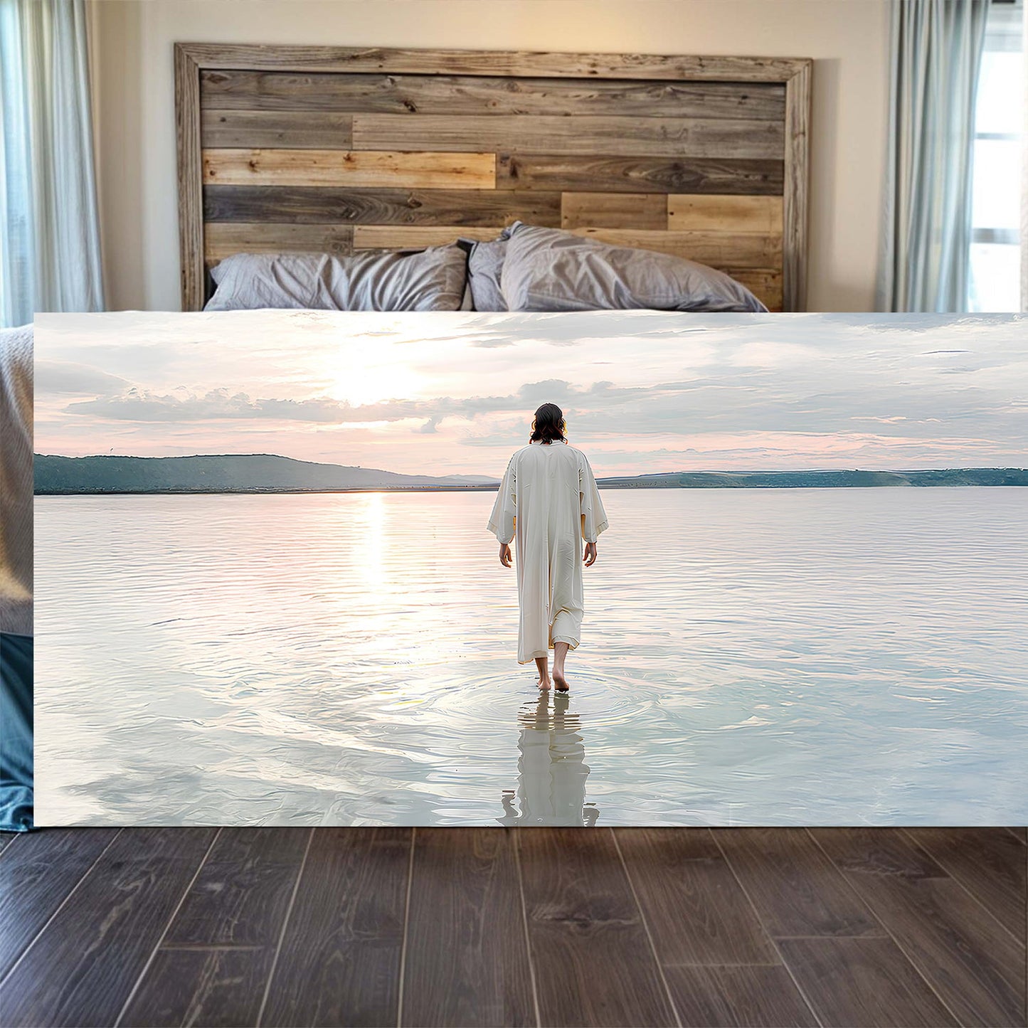 Reflections Faith Wall Art VI canvas by Tailored Canvases, robed figure at sunset over water on Tampa Home & Garden Store