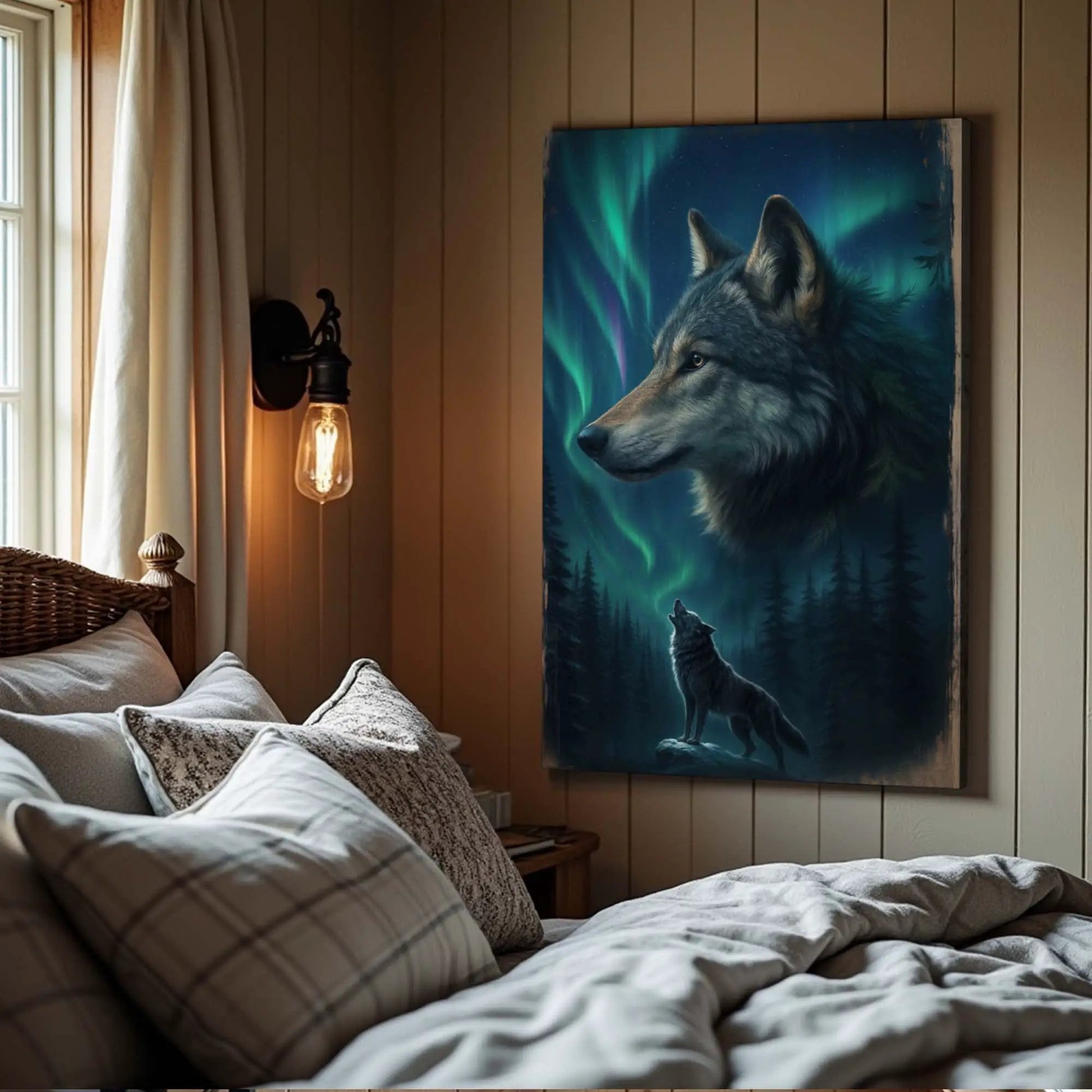 Wolf Double Exposure Wall Art IV canvas by Tailored Canvases featuring a blue aurora wolf portrait on Tampa Home & Garden Store