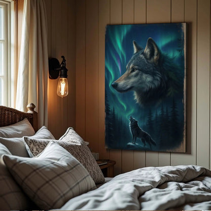 Wolf Double Exposure Wall Art IV canvas by Tailored Canvases featuring a blue aurora wolf portrait on Tampa Home & Garden Store
