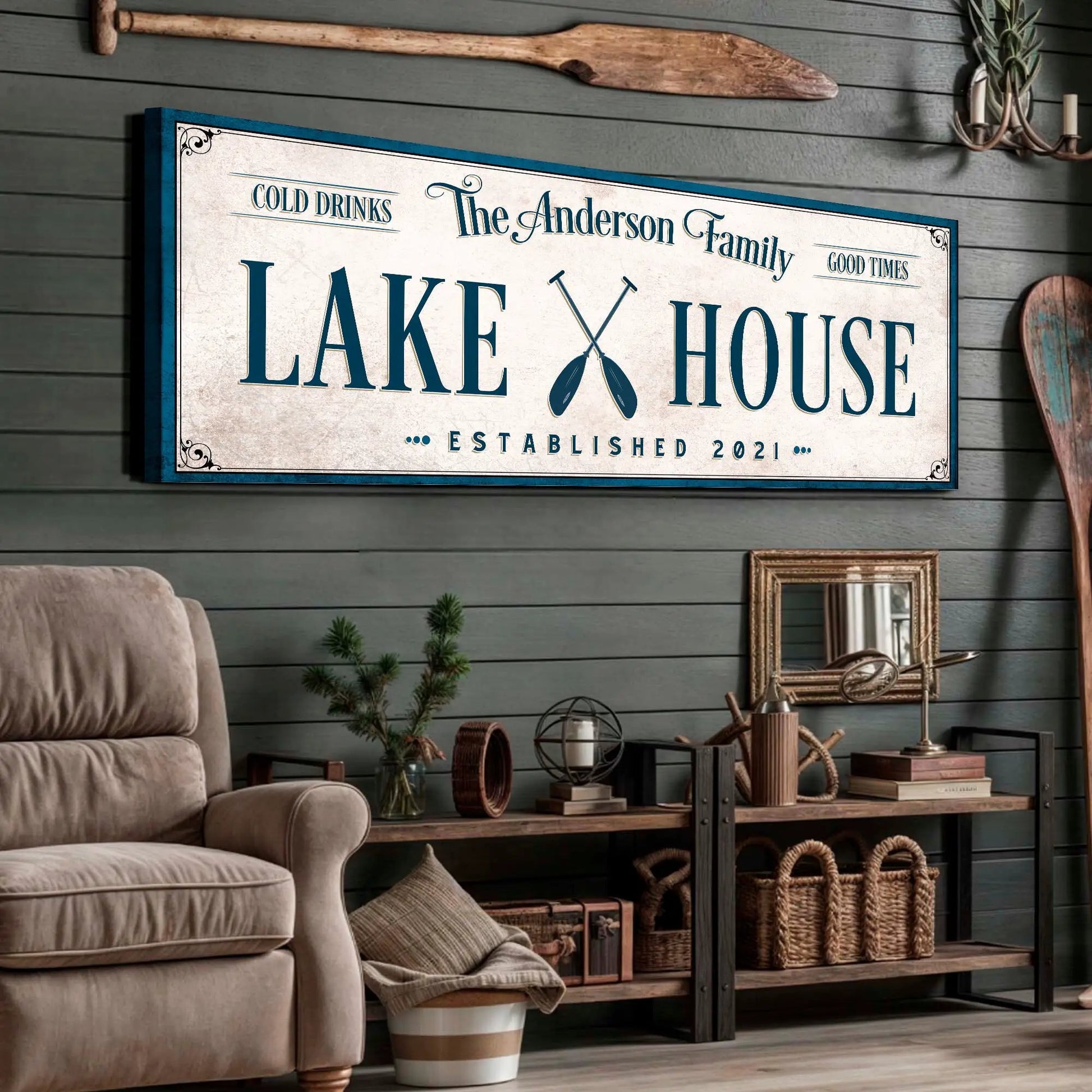 Canvas sign Personalized Lake House Sign IV by Tailored Canvases with a vintage blue frame on Tampa Home & Garden Store