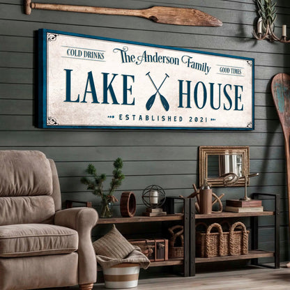 Canvas sign Personalized Lake House Sign IV by Tailored Canvases with a vintage blue frame on Tampa Home & Garden Store