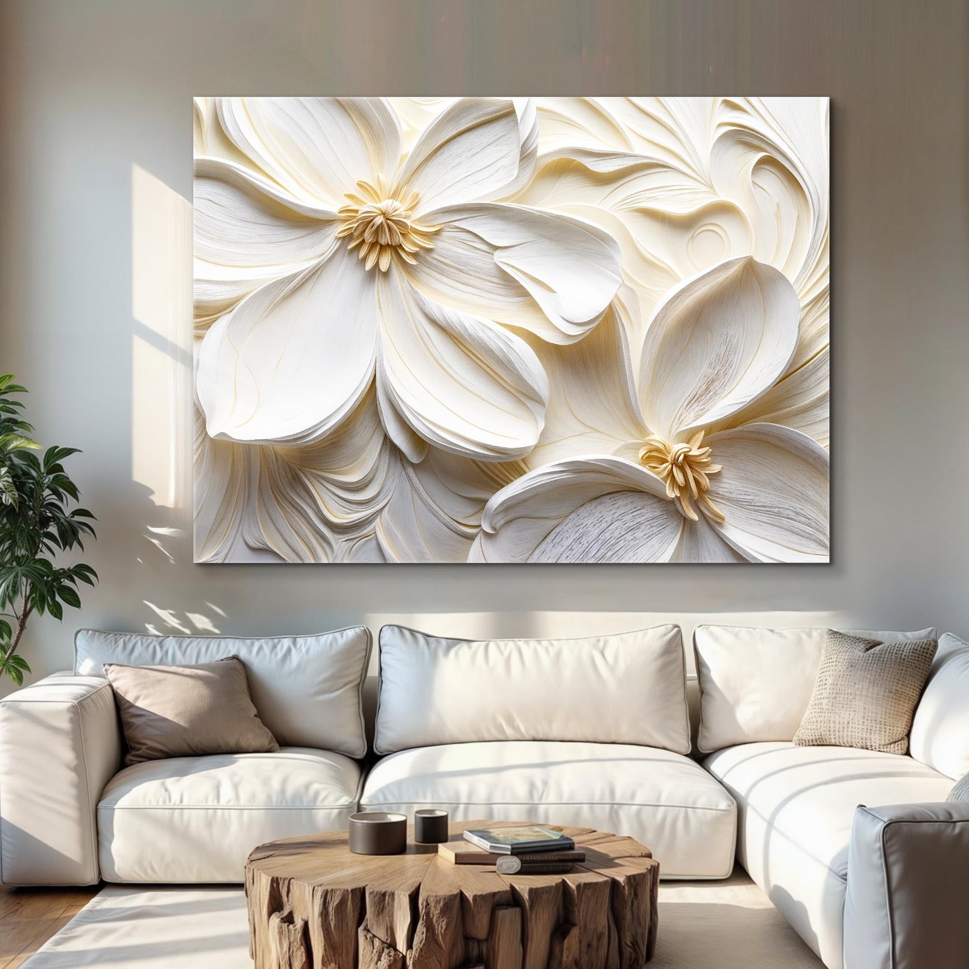 3D Minimalist Flower Wall Art II canvas with cream sculpted petals on Tampa Home & Garden Store