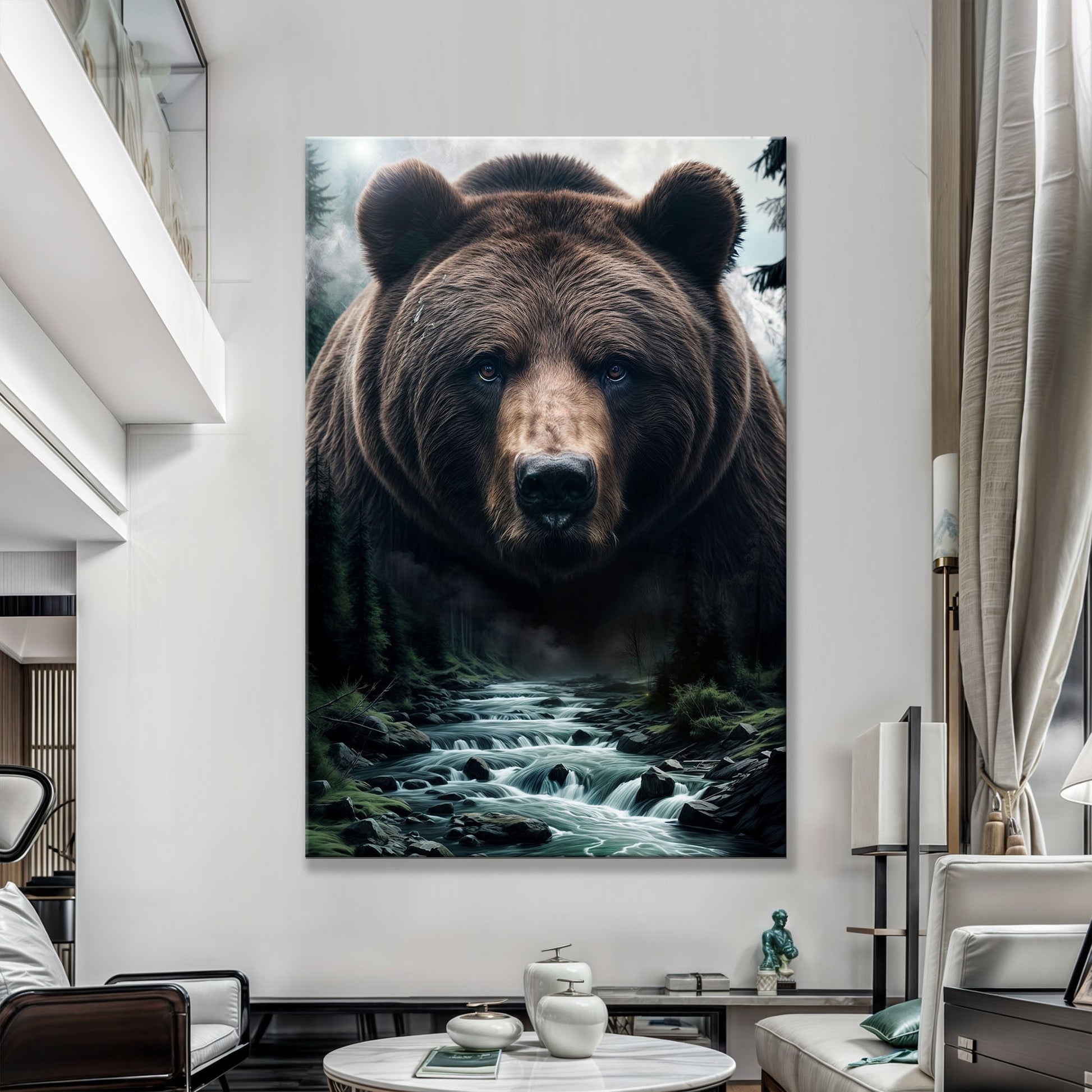 Grizzly Bear Double Exposure Wall Art canvas with close-up brown bear head and forest backdrop on Tampa Home & Garden Store