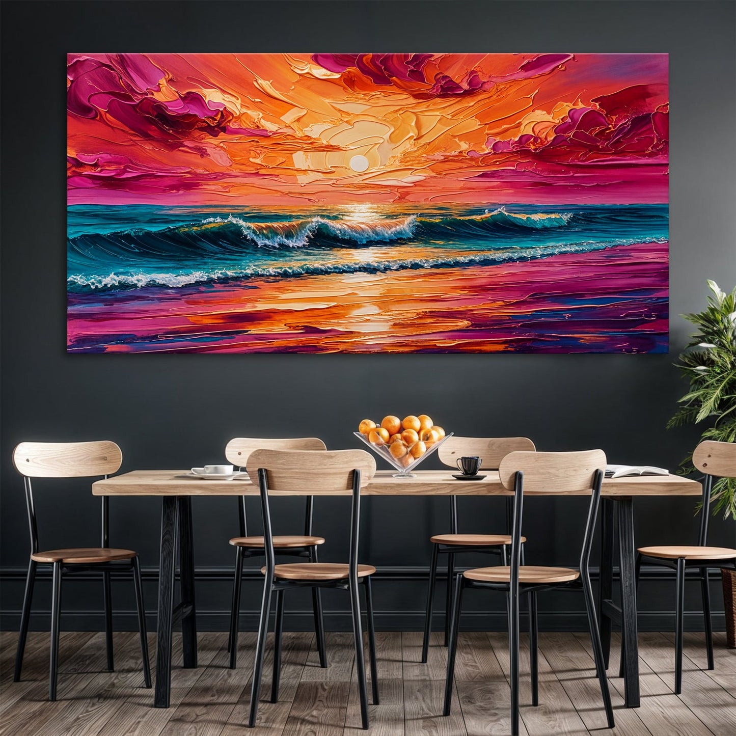 Coastal Sunset Wall Art canvas by Tailored Canvases with orange pink sunset over turquoise waves on Tampa Home & Garden Store