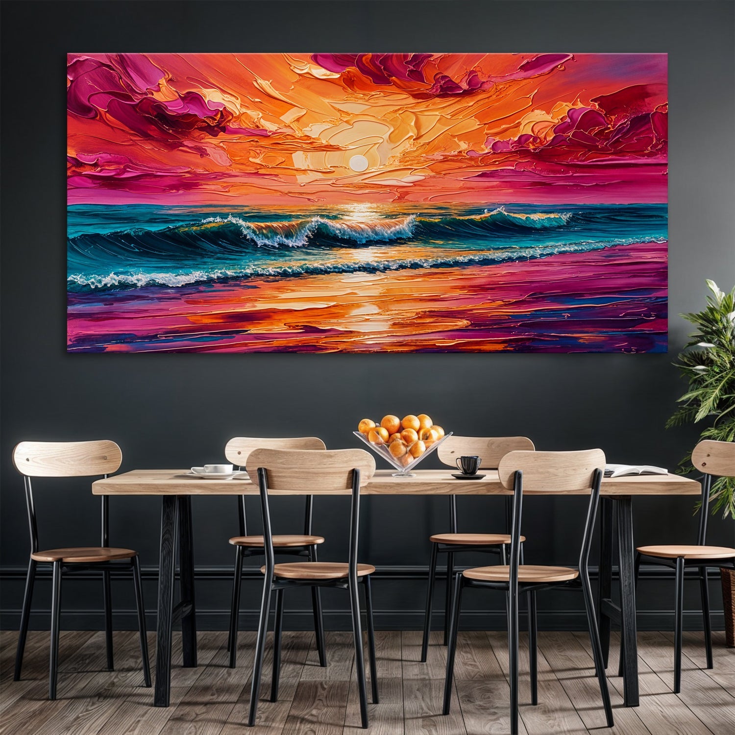 Coastal Sunset Wall Art canvas by Tailored Canvases with orange pink sunset over turquoise waves on Tampa Home & Garden Store