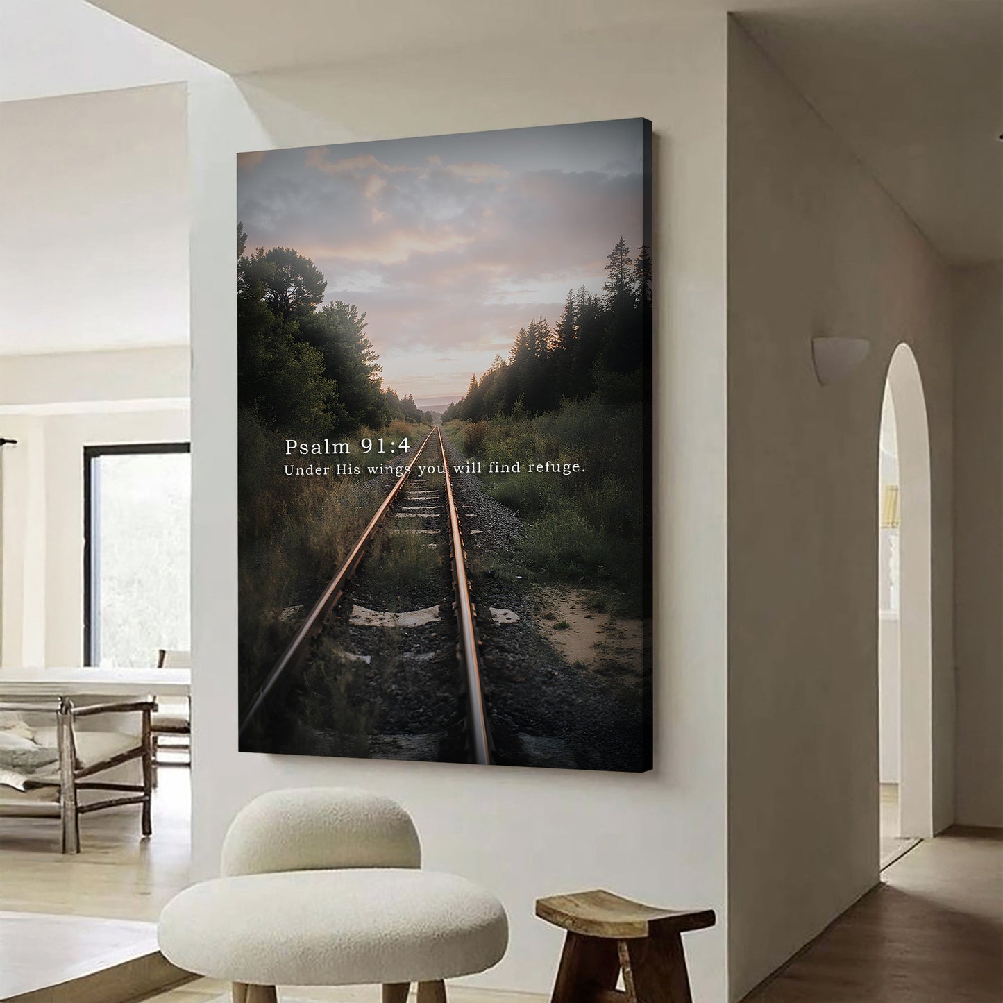 Under His Wings You Will Find Refuge Psalm 91:4 Faith Wall Art on canvas with sunset rail scene on Tampa Home & Garden Store