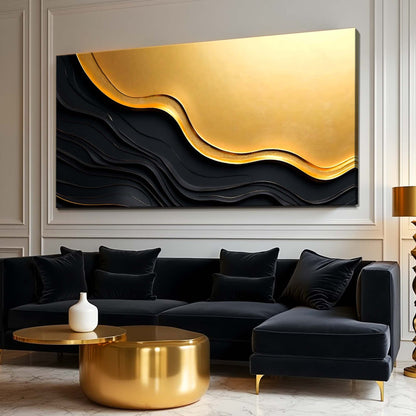 Tailored Canvases Black And Gold Abstract V canvas with gold wave on black curves on Tampa Home & Garden Store