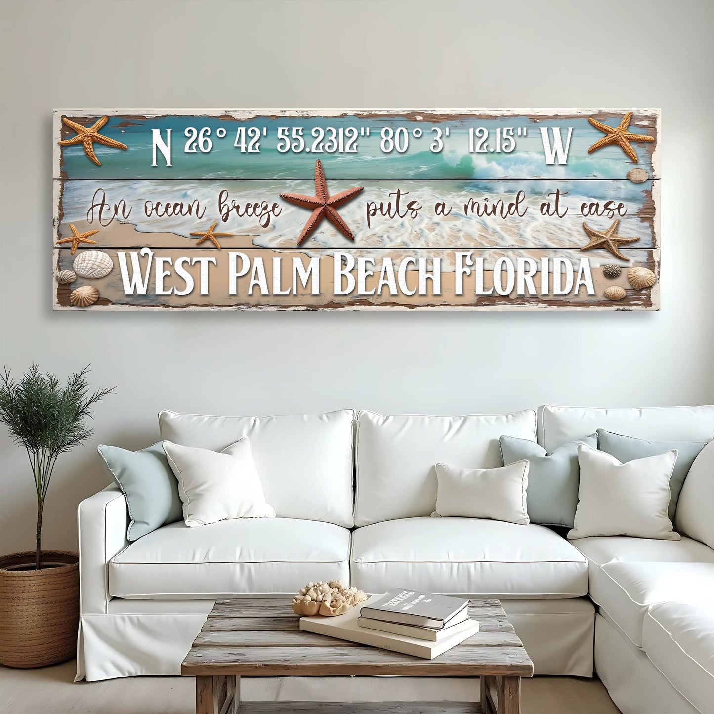 Personalized Beach House Coastal Sign III canvas; weathered blue wood with starfish accents on Tampa Home & Garden Store