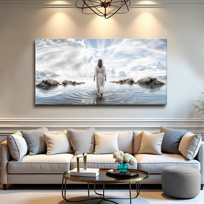 Reflections Faith Canvas by Tailored Canvases; woman in white robe walks into lake among rocks on Tampa Home & Garden Store